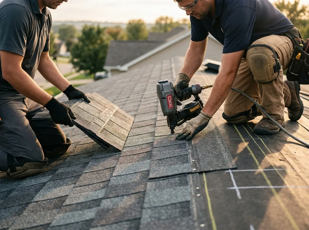 Professional roofer working on a residential roof in Gahanna